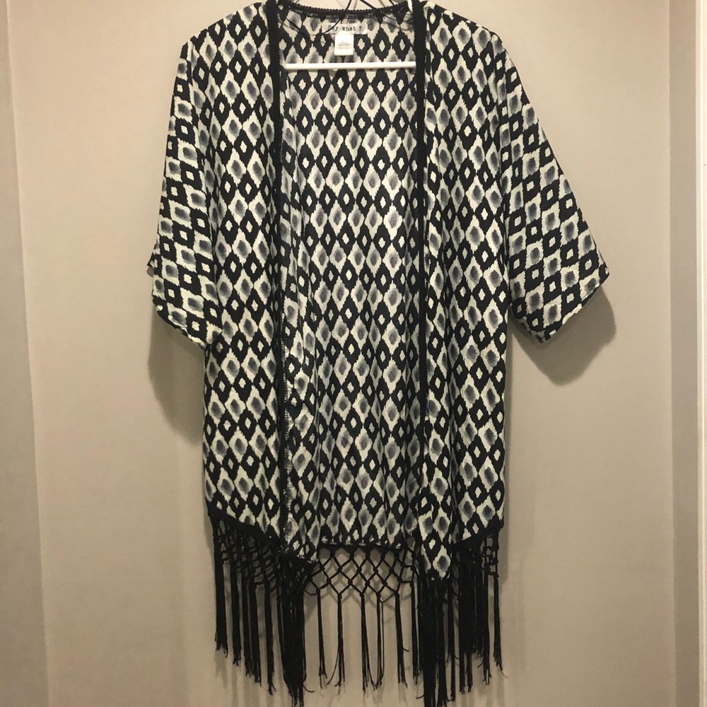 Black and White Patterned Kimono with Fringe